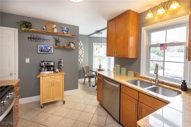 3678 Lynnfield Rd, Shaker Heights, OH 44122 - kitchen featuring stainless steel appliances, light stone counters, brown cabinets, light tile patterned floors, and open shelves