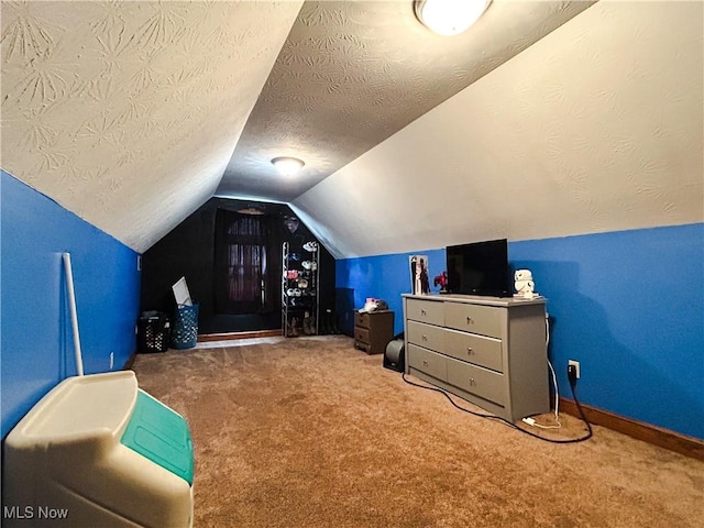 3585 Hayfield Rd, Dresden, OH 43821 - carpeted bedroom with vaulted ceiling and a textured ceiling