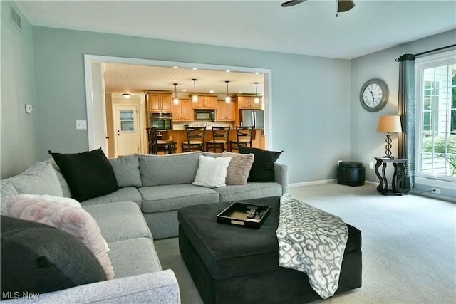 2878 Beaver Trl, Cortland, OH 44410 - carpeted living area with a ceiling fan and baseboards