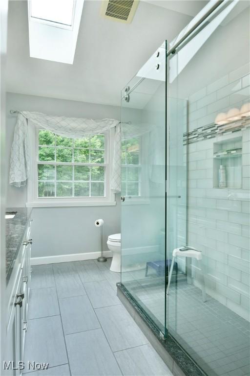 2878 Beaver Trl, Cortland, OH 44410 - bathroom featuring a shower stall, a skylight, tile patterned flooring, and vanity