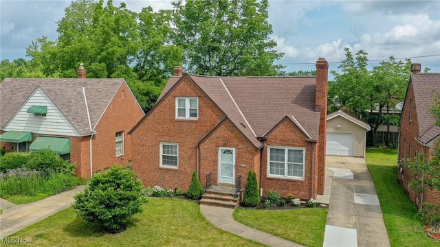 3975 Eastway Rd, South Euclid, OH 44118 - view of front of property with a front lawn, a garage, brick siding, driveway, and a chimney