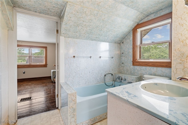 11861 Moffitt St SW, Massillon, OH 44647 - bathroom with a bath, lofted ceiling, a textured ceiling, and vanity