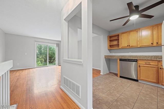 713 Gold Leaf, Streetsboro, OH 44241 - kitchen featuring dishwasher, open shelves, light stone countertops, a ceiling fan, and light wood finished floors