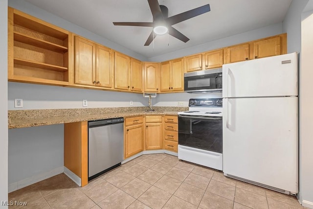 713 Gold Leaf, Streetsboro, OH 44241 - kitchen with stainless steel appliances, a ceiling fan, light brown cabinetry, light stone countertops, and light tile patterned flooring