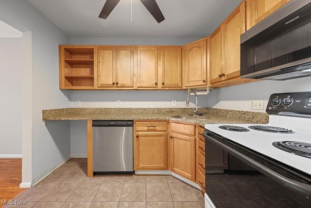 713 Gold Leaf, Streetsboro, OH 44241 - kitchen featuring range with electric stovetop, dishwasher, ceiling fan, light stone countertops, and open shelves