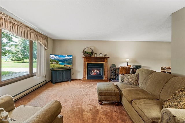 40698 Whitney Rd, Lagrange, OH 44050 - living area featuring a baseboard heating unit, light carpet, and a glass covered fireplace