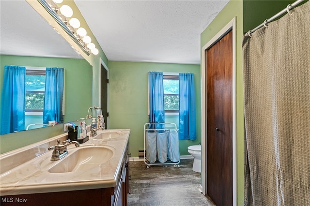 40698 Whitney Rd, Lagrange, OH 44050 - full bath featuring double vanity, wood finished floors, a textured ceiling, and a baseboard heating unit
