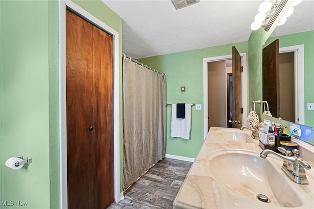 40698 Whitney Rd, Lagrange, OH 44050 - bathroom featuring wood finished floors, double vanity, a textured ceiling, and curtained shower