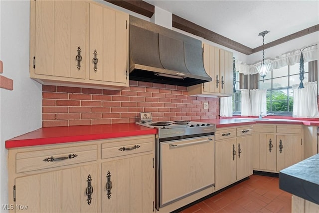 5352 Hills And Dales Rd NW, Canton, OH 44708 - kitchen featuring wall chimney range hood, white electric range, tasteful backsplash, and cream cabinetry