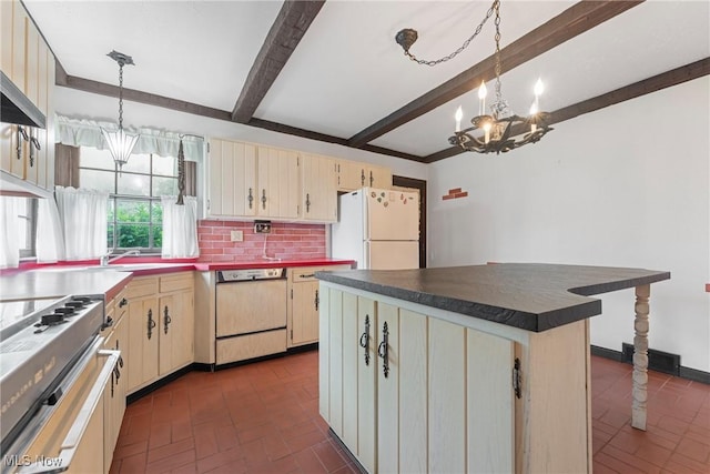 5352 Hills And Dales Rd NW, Canton, OH 44708 - kitchen featuring white appliances, a chandelier, cream cabinetry, and beam ceiling