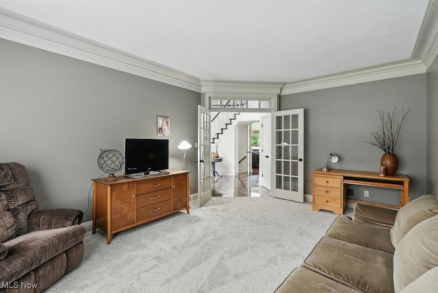 1497 Hunting Hollow Dr, Hudson, OH 44236 - living room featuring crown molding, light carpet, stairs, and french doors