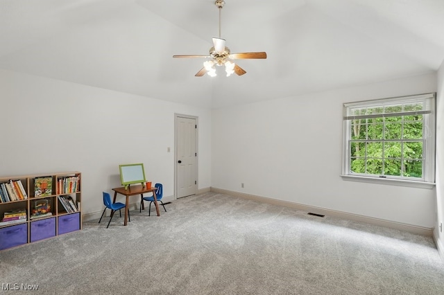 1497 Hunting Hollow Dr, Hudson, OH 44236 - playroom with lofted ceiling, carpet floors, and ceiling fan
