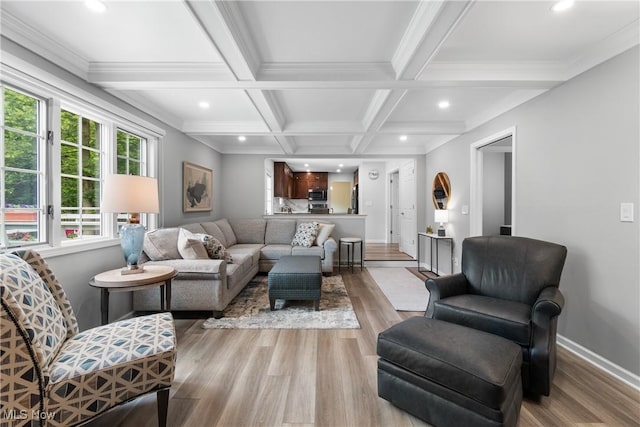 4270 Sir Robert Ave, North Royalton, OH 44133 - living area featuring light wood-style flooring, beam ceiling, recessed lighting, coffered ceiling, and crown molding