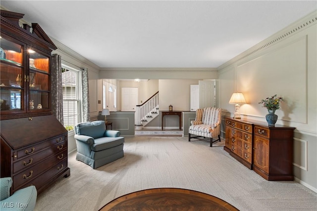 4270 Sir Robert Ave, North Royalton, OH 44133 - living area featuring carpet floors, stairway, and ornamental molding