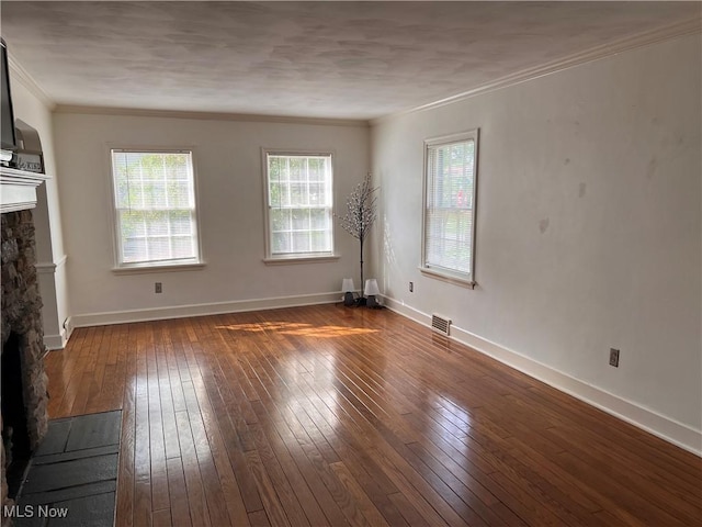 913 Home Cir, Salem, OH 44460 - unfurnished living room with a fireplace, dark wood-style floors, and ornamental molding