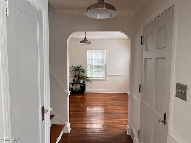 913 Home Cir, Salem, OH 44460 - hall with arched walkways, hardwood / wood-style floors, and crown molding