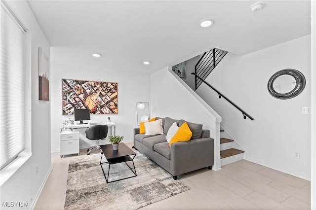 2317 Scranton Rd, Cleveland, OH 44113 - living room with stairs, a desk, and recessed lighting