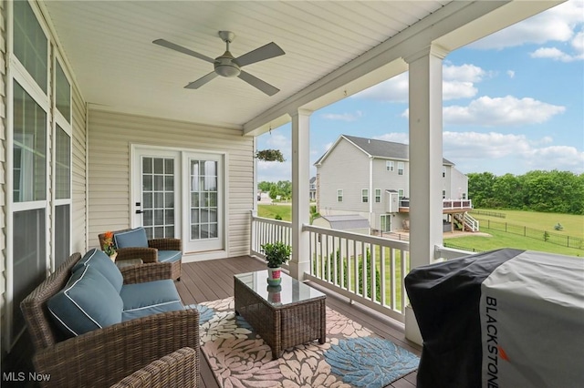 8488 Raya Ln, Streetsboro, OH 44241 - wooden deck with an outdoor living space, a ceiling fan, and grilling area
