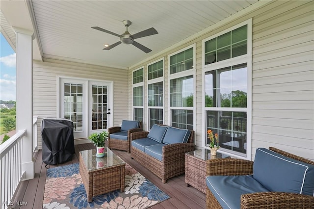 8488 Raya Ln, Streetsboro, OH 44241 - wooden deck with grilling area, a ceiling fan, and outdoor lounge area