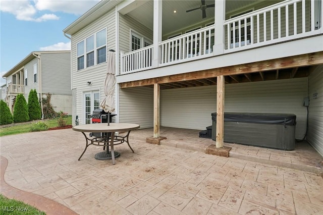 8488 Raya Ln, Streetsboro, OH 44241 - view of patio featuring a hot tub, outdoor dining area, a wooden deck, and a ceiling fan