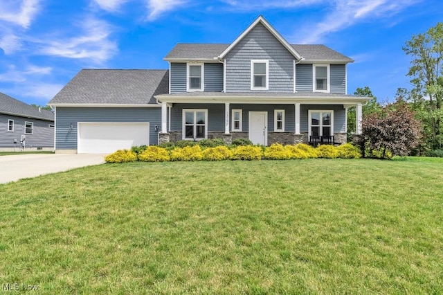 13196 Barrington Dr, Grafton, OH 44044 - view of front facade featuring an attached garage, driveway, a front yard, a porch, and stone siding
