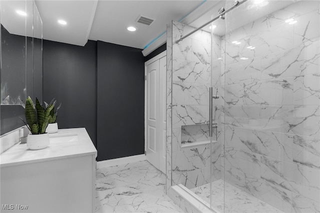 381 Lauretta Ln, Hubbard, OH 44425 - full bath with vanity, a marble finish shower, marble look tile flooring, and recessed lighting