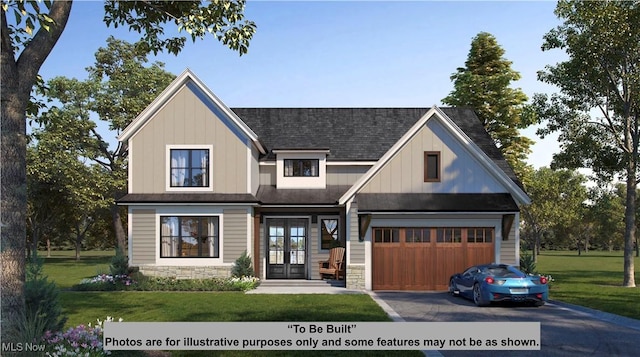 15813 Hemlock Rd, Chagrin Falls, OH 44022 - view of front of property featuring french doors, asphalt driveway, board and batten siding, a front yard, and stone siding
