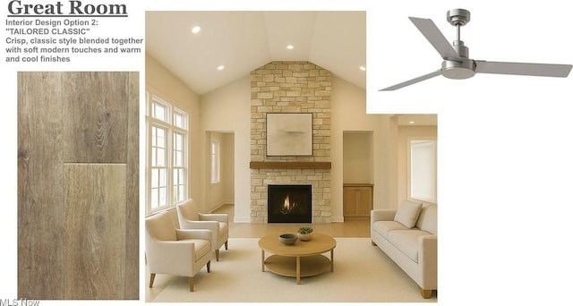 15813 Hemlock Rd, Chagrin Falls, OH 44022 - living room with a fireplace, ceiling fan, lofted ceiling, recessed lighting, and wood finished floors