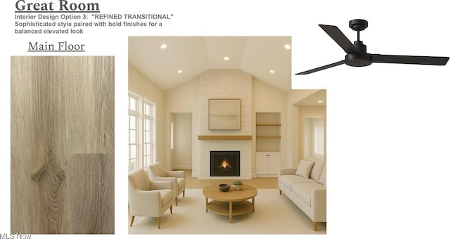 15813 Hemlock Rd, Chagrin Falls, OH 44022 - living area featuring vaulted ceiling, a large fireplace, ceiling fan, and recessed lighting
