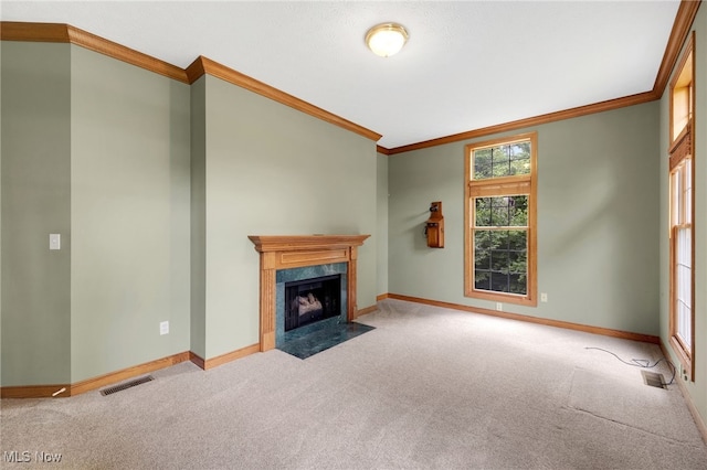 4035 Evergreen Ln, Richfield, OH 44286 - unfurnished living room with carpet, crown molding, and a fireplace