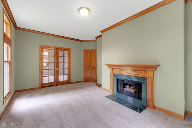 4035 Evergreen Ln, Richfield, OH 44286 - unfurnished living room with carpet, ornamental molding, french doors, and a premium fireplace