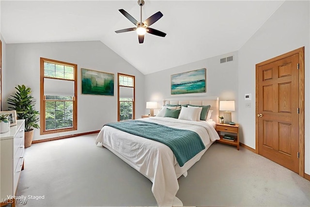 4035 Evergreen Ln, Richfield, OH 44286 - bedroom with light carpet, vaulted ceiling, and a ceiling fan