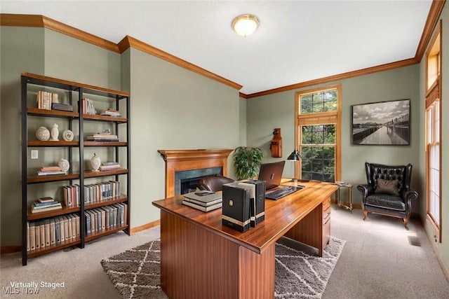 4035 Evergreen Ln, Richfield, OH 44286 - carpeted office space featuring ornamental molding and a fireplace