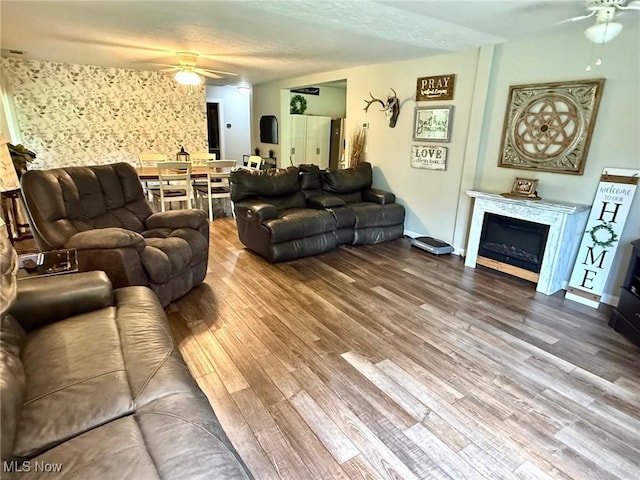 1550 Swift Rd, Waterford, OH 45786 - living area with a ceiling fan, wood finished floors, and a fireplace
