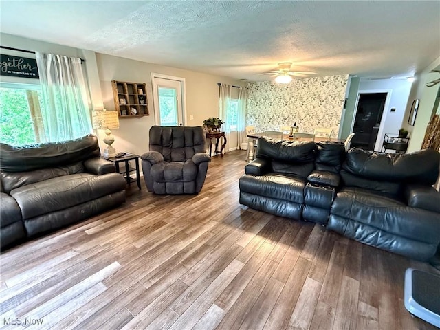 1550 Swift Rd, Waterford, OH 45786 - living room with wood finished floors, a textured ceiling, and a ceiling fan