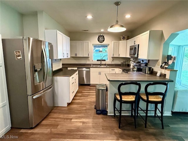 1550 Swift Rd, Waterford, OH 45786 - kitchen featuring stainless steel appliances, dark countertops, a peninsula, dark wood-style flooring, and decorative light fixtures