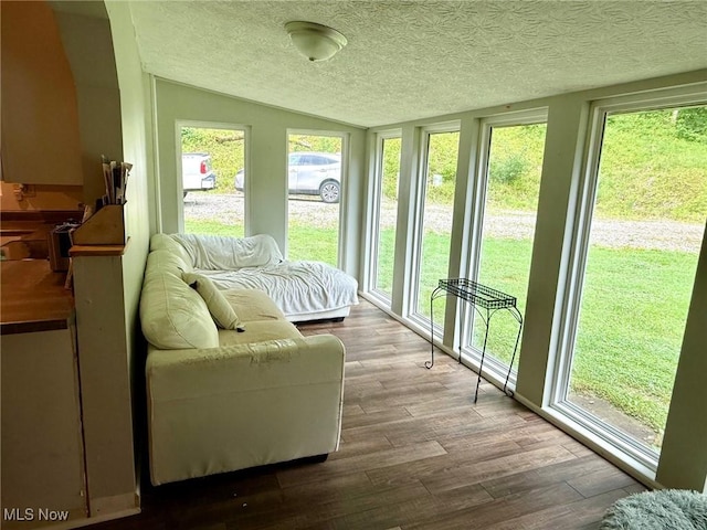 1550 Swift Rd, Waterford, OH 45786 - sunroom with lofted ceiling, a textured ceiling, wood finished floors, and plenty of natural light