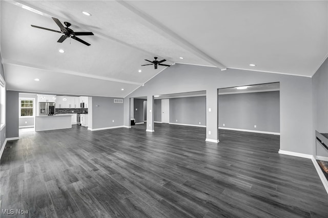 7569 Lake Shore Blvd, Madison, OH 44057 - unfurnished living room with ceiling fan, dark wood-style floors, and recessed lighting