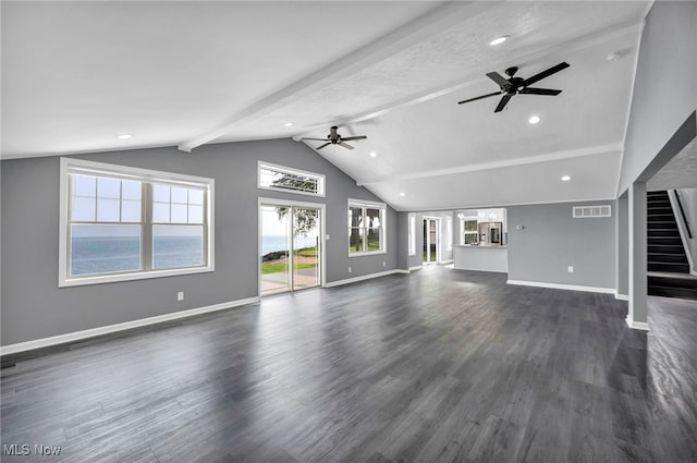 7569 Lake Shore Blvd, Madison, OH 44057 - unfurnished living room featuring ceiling fan, dark wood-type flooring, stairs, and recessed lighting