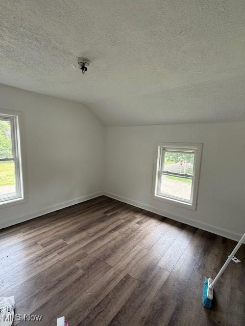 637 Maple St, Newcomerstown, OH 43832 - additional living space with a textured ceiling, lofted ceiling, and dark wood-type flooring