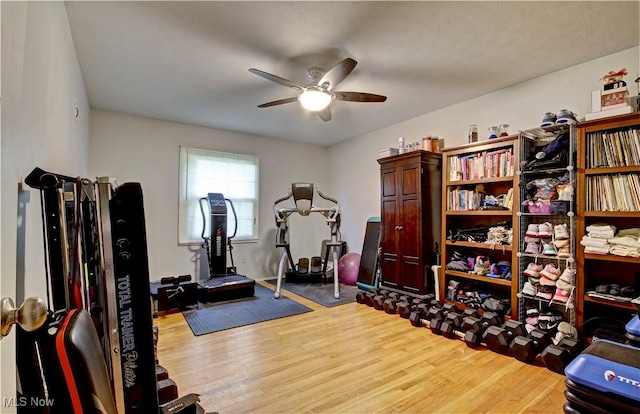 27008 Sweetbriar Dr, North Olmsted, OH 44070 - workout area featuring a ceiling fan and wood finished floors