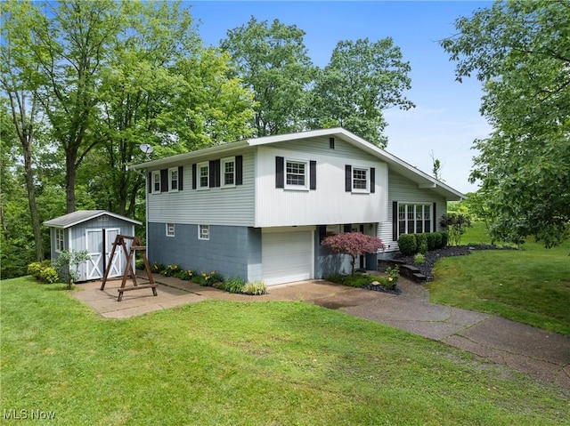 59937 Broadview Rd, Shadyside, OH 43947 - view of front of property featuring driveway, a shed, a front lawn, and an attached garage