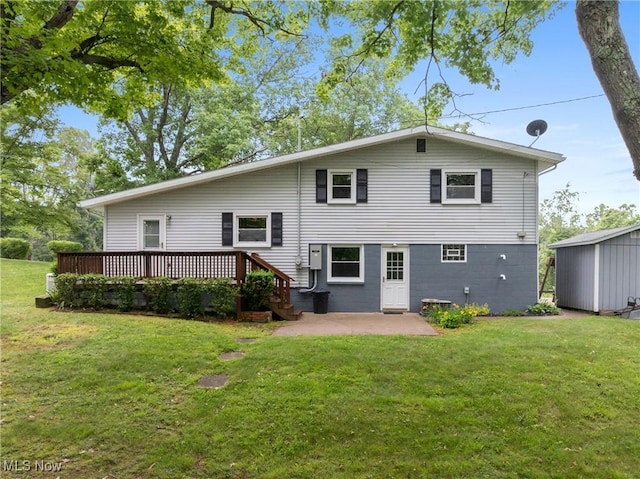 59937 Broadview Rd, Shadyside, OH 43947 - rear view of property featuring a patio area, a lawn, a wooden deck, and a storage shed