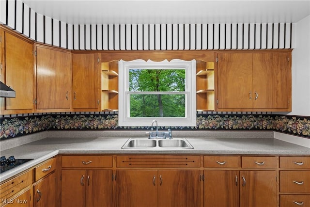 59937 Broadview Rd, Shadyside, OH 43947 - kitchen with open shelves, black electric stovetop, and brown cabinets