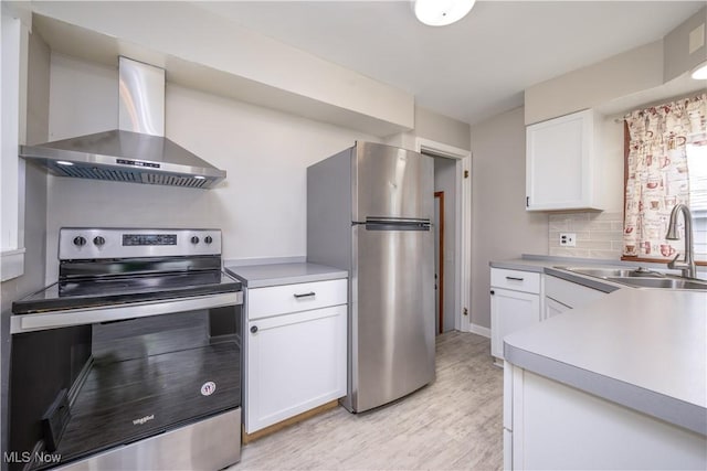 810 Indian Trl, Akron, OH 44314 - kitchen with stainless steel appliances, wall chimney range hood, white cabinets, and light wood-type flooring