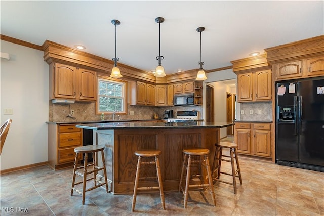 6884 Mapleridge Cir NW, Canton, OH 44718 - kitchen with black appliances, crown molding, dark countertops, open shelves, and a kitchen breakfast bar