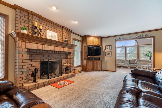 6884 Mapleridge Cir NW, Canton, OH 44718 - living room featuring crown molding, a fireplace, light colored carpet, and recessed lighting