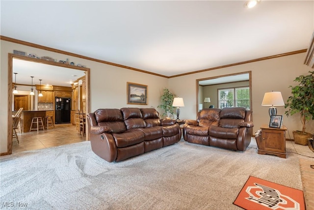 6884 Mapleridge Cir NW, Canton, OH 44718 - living room featuring light colored carpet, crown molding, and light tile patterned floors