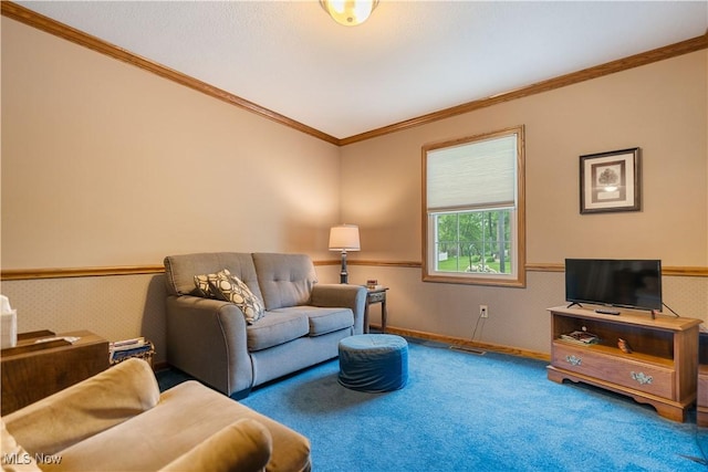 6884 Mapleridge Cir NW, Canton, OH 44718 - living room with carpet, a wainscoted wall, and ornamental molding