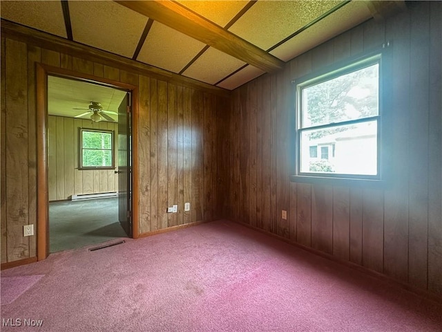 2178 Hewitt Gifford Rd SW, Warren, OH 44481 - spare room featuring carpet floors, baseboard heating, wooden walls, and a ceiling fan